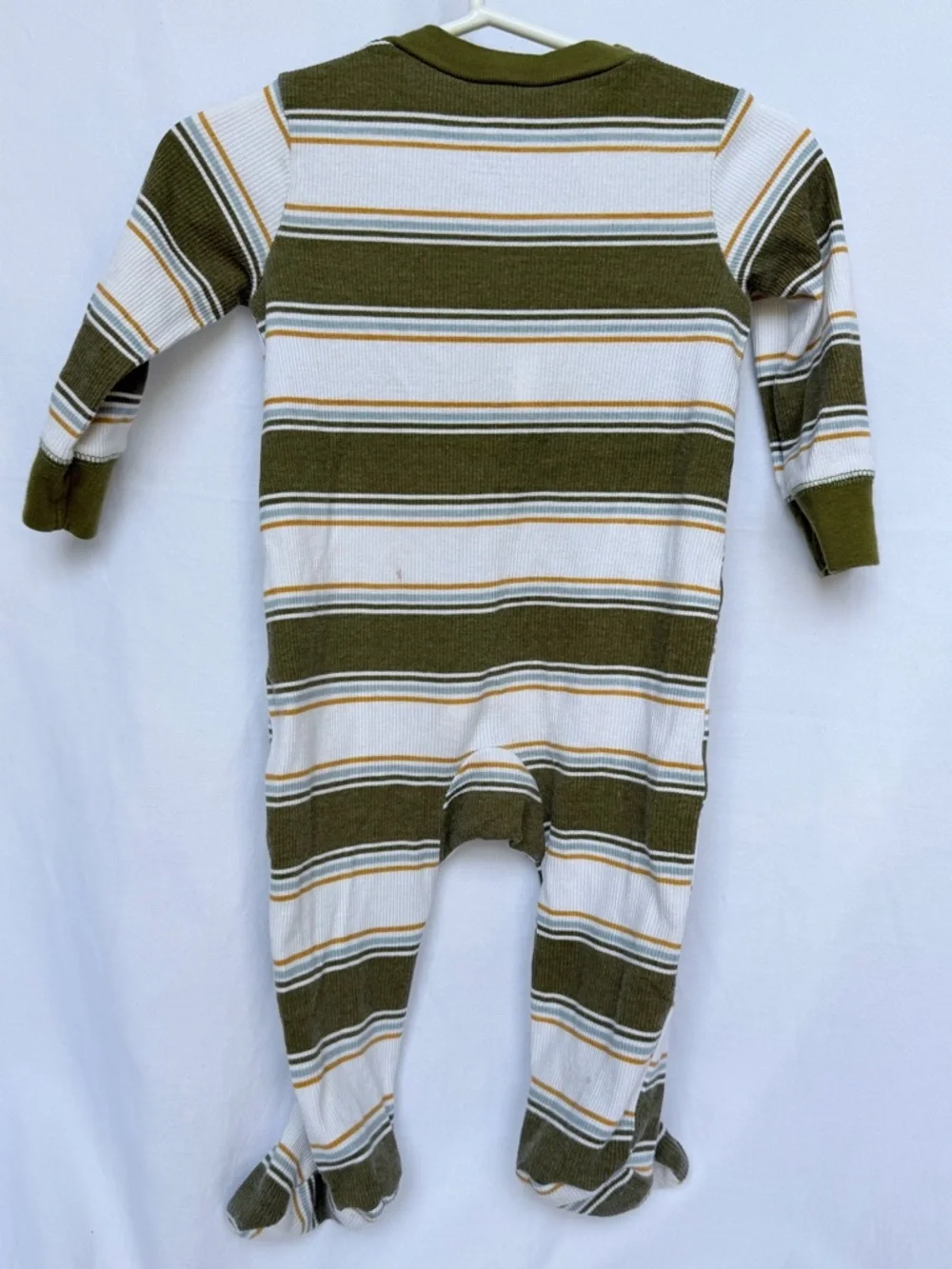 6 MTH Carter's Olive Green, White & Yellow Striped Footed One-Piece